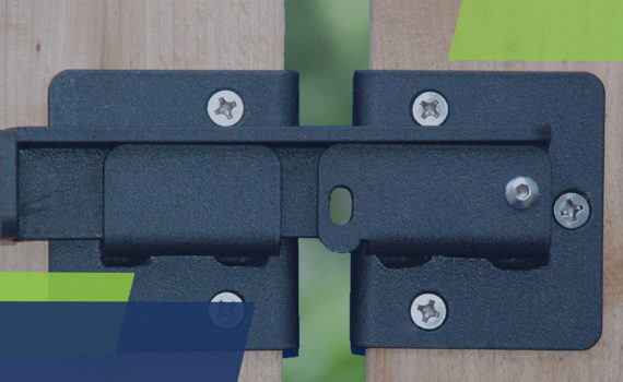 A fence latch is surrounded by geometric shapes in the colors of the DAC Industries brand.